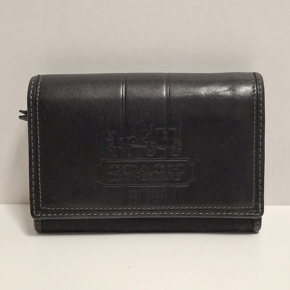 Coach Wallet Bleecker Black Leather Fabric Logo Teal & Plaid Interior Coin Zip